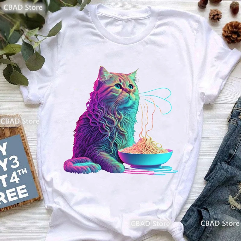 

2024 Hot Sale Cat Eating Spaghetti Animal Print Tshirt Girls Summer Short Sleeve T Shirt Women Fashion Casual T-Shirt Female