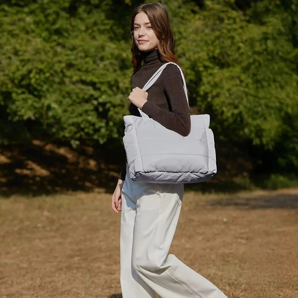 다용도 대용량 면 패딩 토트백 가벼운 단색 퀼트 토트백 지퍼 소프트 러기지 핸드백 소녀용