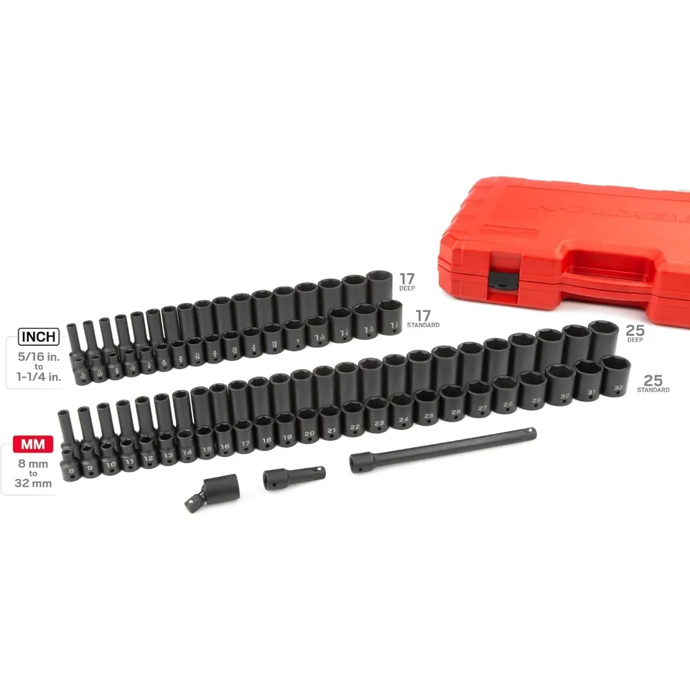 TEKTON 1/2 Inch Drive 6-Point Impact Socket Set, 87-Piece (5/16-1-1/4 in., 8-32 mm) | SID92407