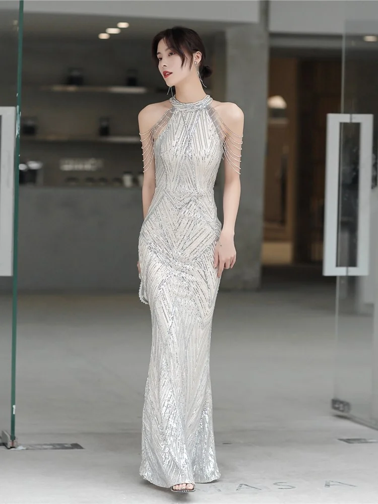 

Элегантное вечернее платье Ele Queen Sle для женщин, с бахромой на плечах, коротким рукавом, фасон «рыбий хвост», длинное, класса люкс