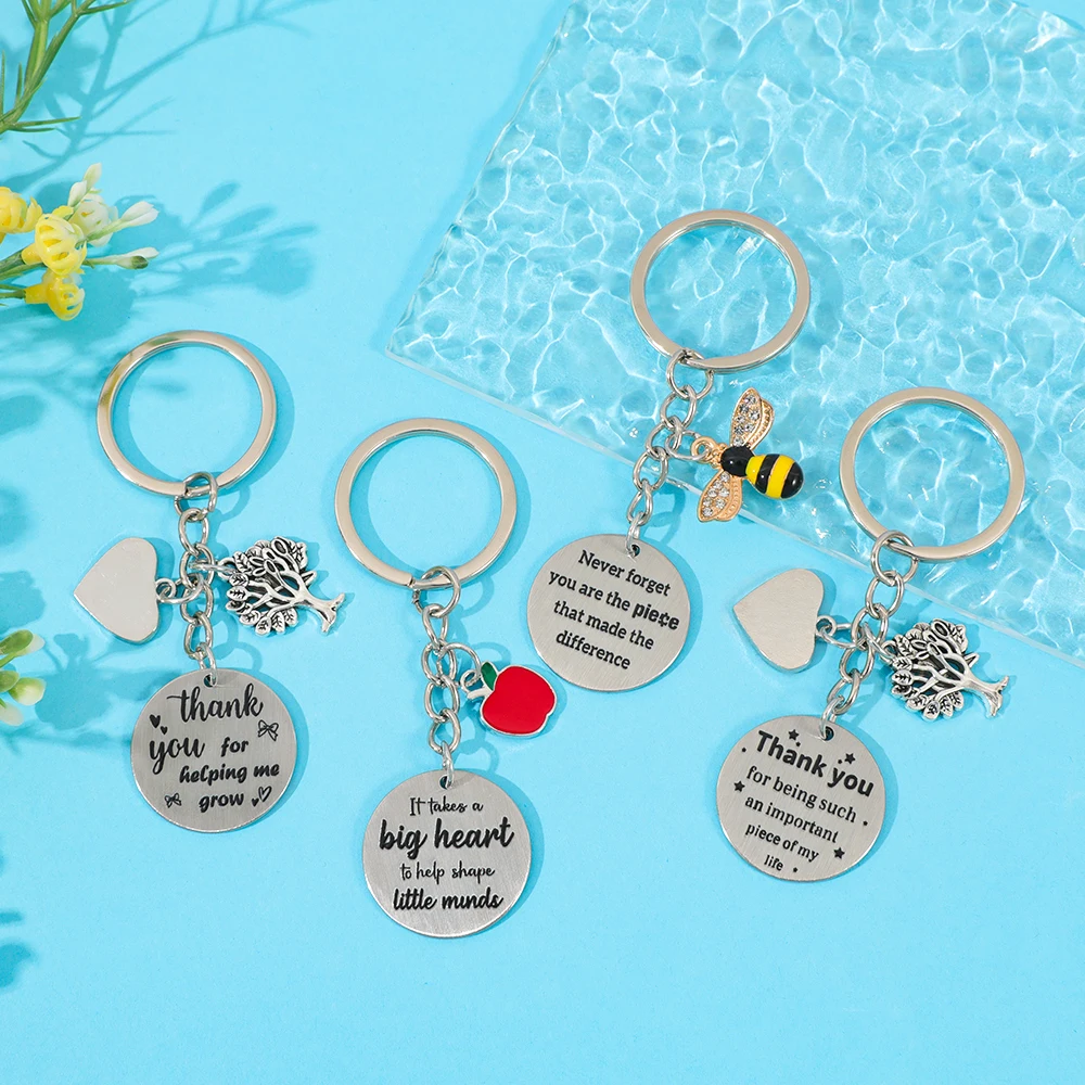 

Teacher Appreciation Metal Keychains Set: Thank You Quotes with Bee/Apple/Tree Charms, Gratitude Gift for Educators