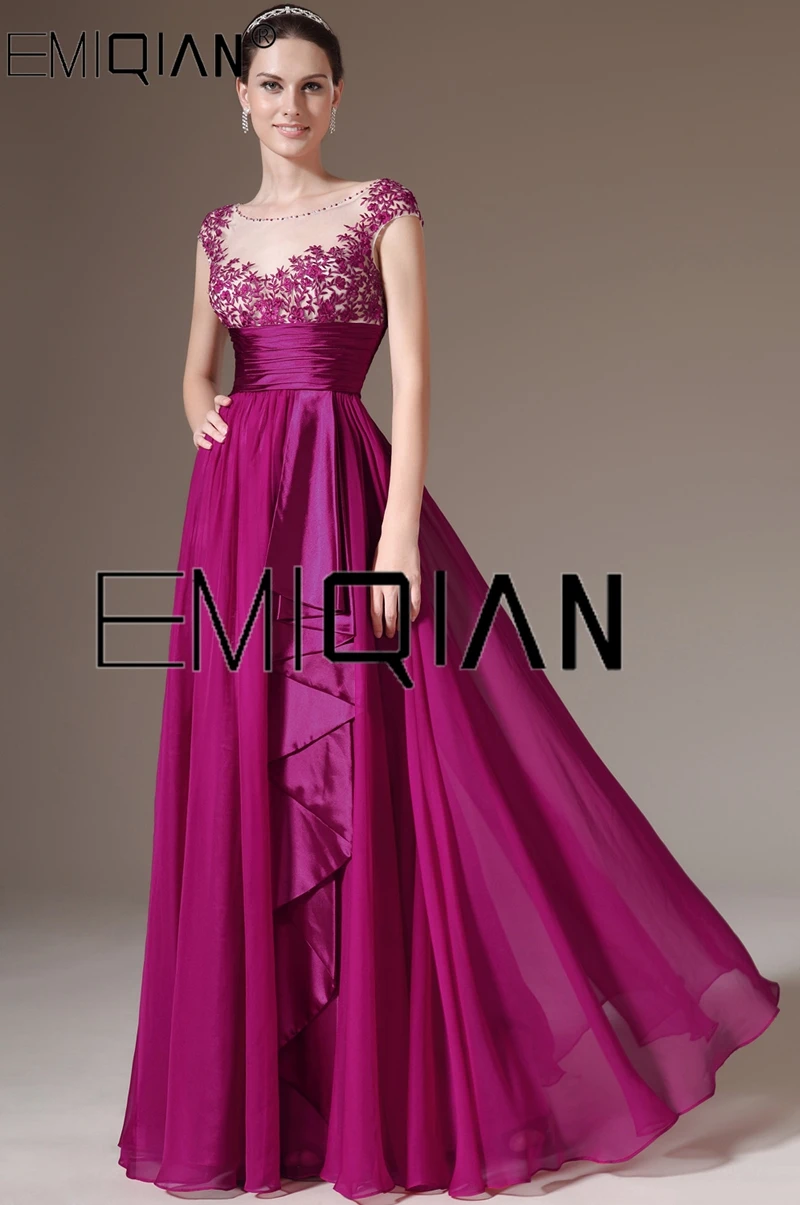 

Cap Sleeves Chiffon Evening Gowns with Applique A Line See-through Back Evening Dresses