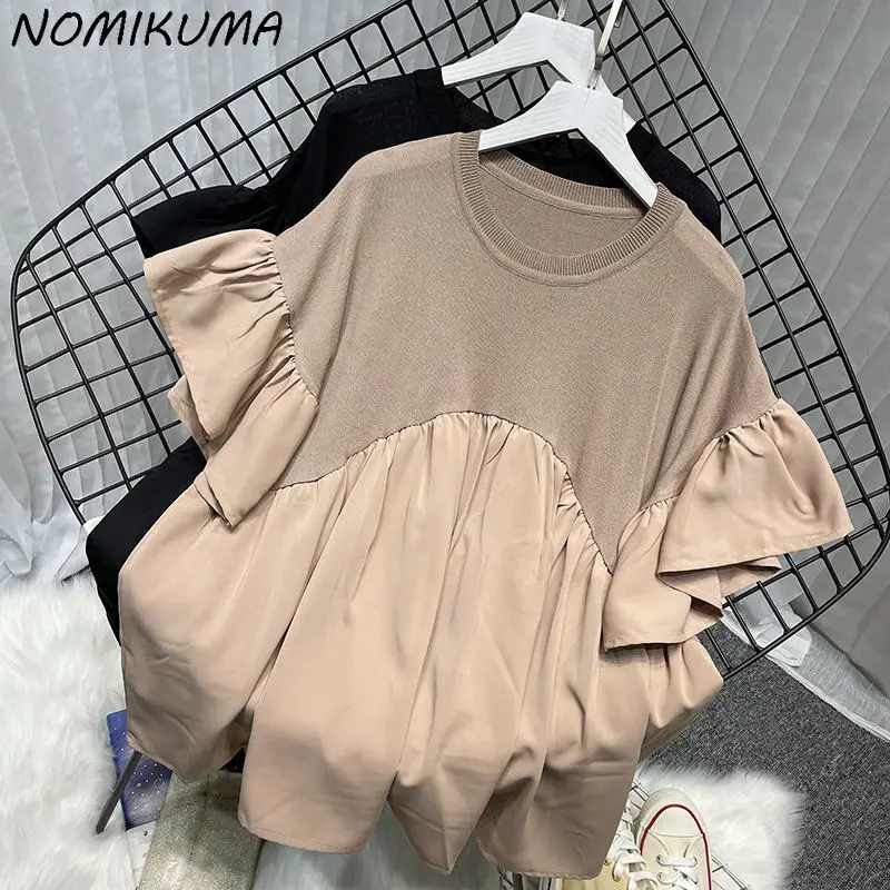 Nomikuma Chiffon Patchwork Knitted Tops Blusas Femme 2023 Summer Thin Flare Sleeve Blouse Causal O-neck Pullover Doll Shirt