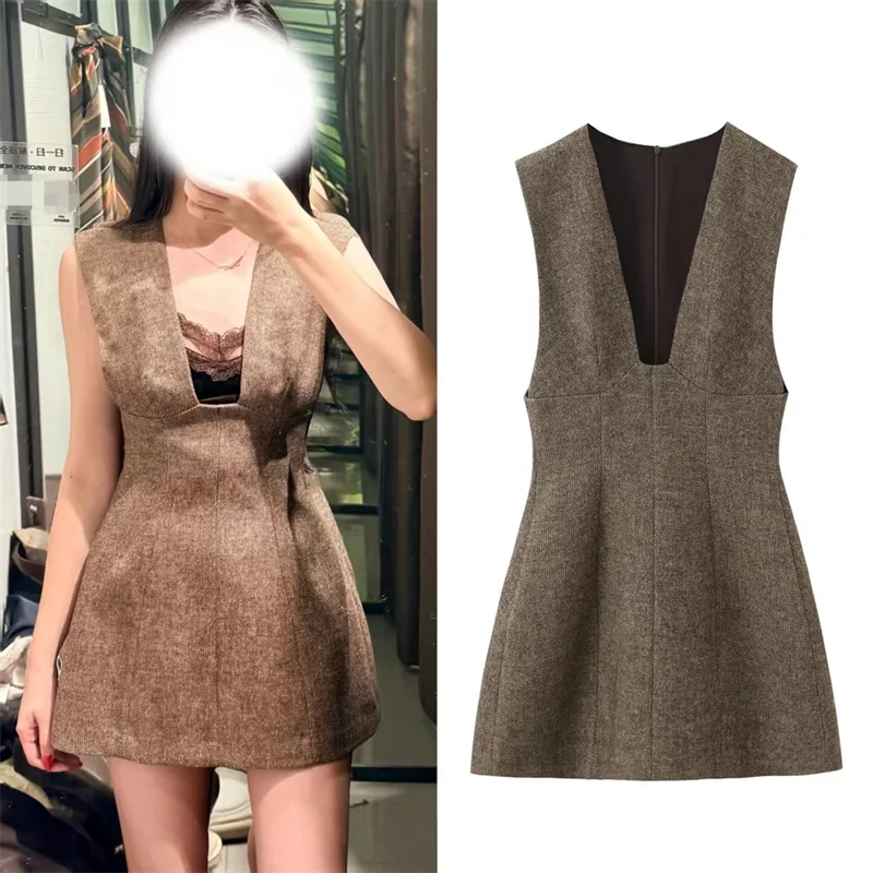 Sukienka damska 2025 zima nowa khaki bez rękawów seksowna głęboki dekolt w serek krótka sukienka modna i stylowa styl socjality