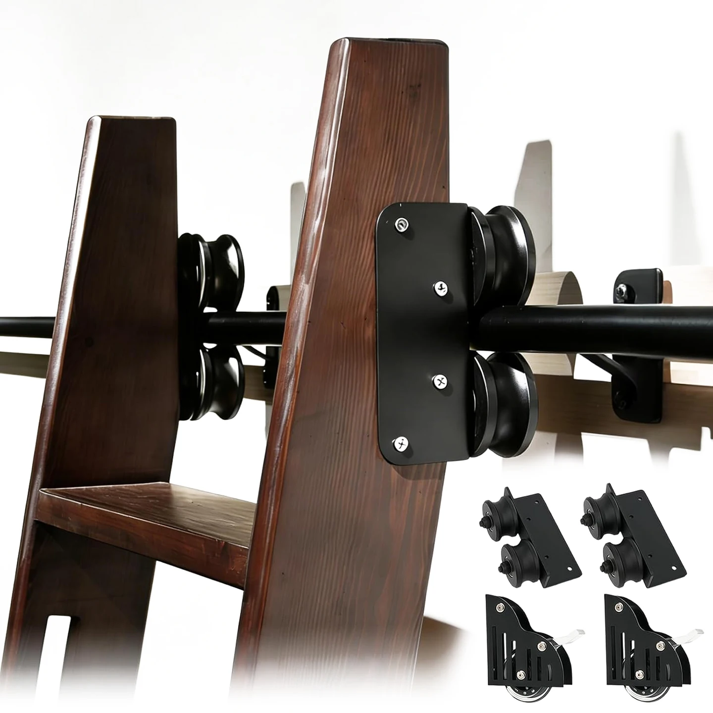 Sliding Library Ladder Hardware Kit 13ft (400cm), Black Retractable Rolling with Braking Casters, Adjustable to Stand Upright,