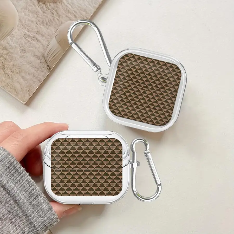 Brown Pixel Geometric Pattern Case For Samsung Galaxy Buds 2 4 Pro Live 4Pro 3 FE 3Pro Clear Earphone Cases Cover