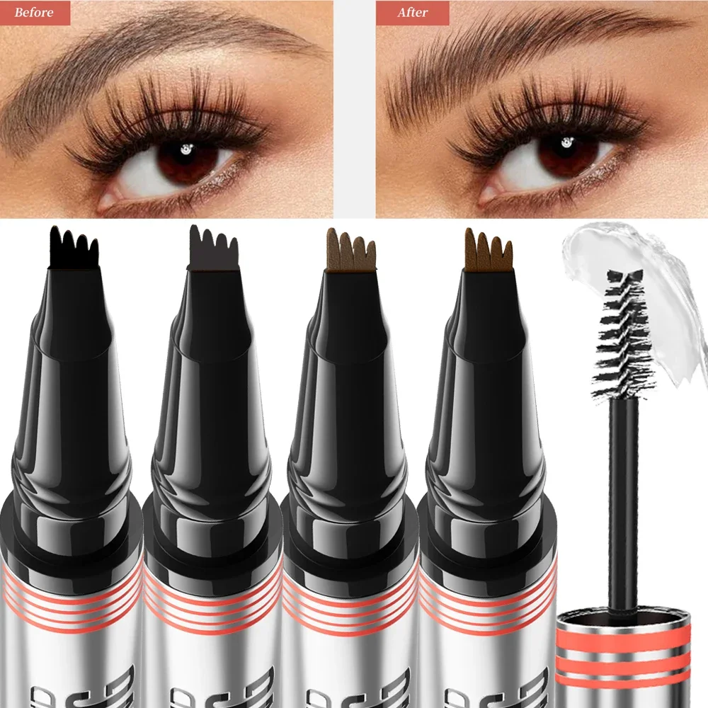 4 Point Eyebrow Tattoo Pencil with Eyebrows Shaping Cream Double-headed Waterproof Liquid Black Brow Makeup Pencil Brows Setting