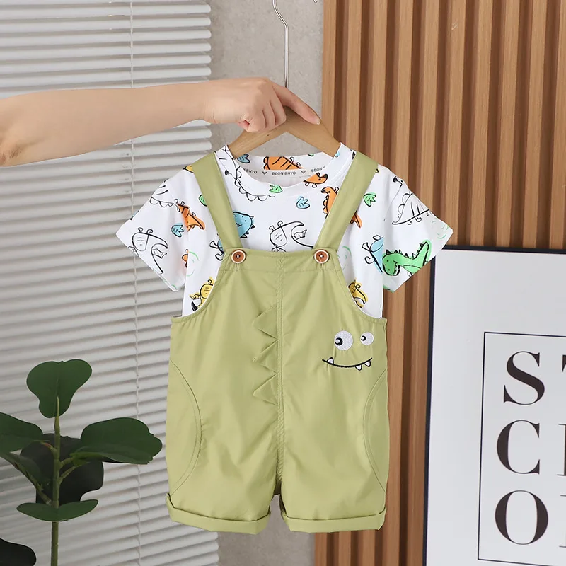 

2024 New Toddler Summer Outfit for Kids Cartoon Fashion O-neck Pullover Short Sleeve T-shirts Tops and Overalls Boys Clothes Set