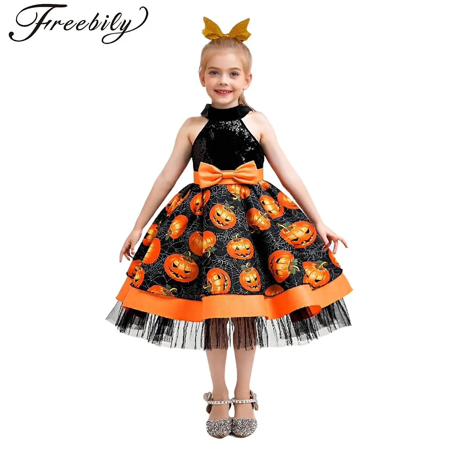 

Girls Halloween Witch Dress Pumpkin Costume Halter/Square Neck Cartoon Print Tutu Dress Fancy Dress Up Cosplay Party Performance