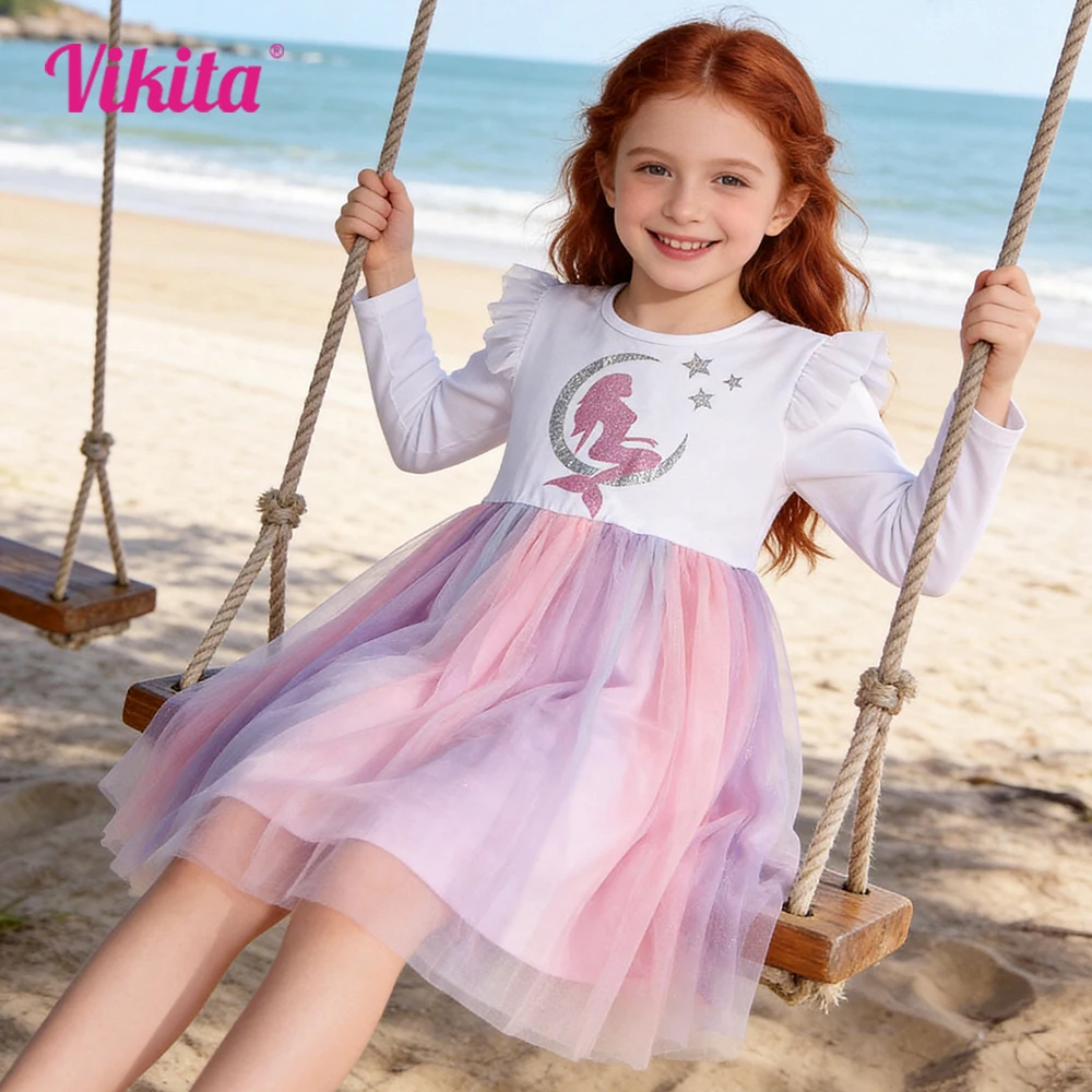 VIKITA Girls Glitter Mermaid Print Long Sleeve Autumn Spring Dress Kids Ombre Tulle Mesh Party Vacation Princess Vestidos