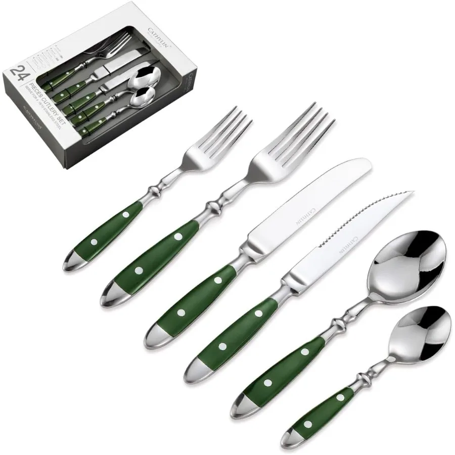 

Набор столовых приборов из нержавеющей стали 18, 24 шт., винтажный набор столовых приборов с ручкой из зеленого бакелита для 4 столовых приборов, 24 зеленого цвета