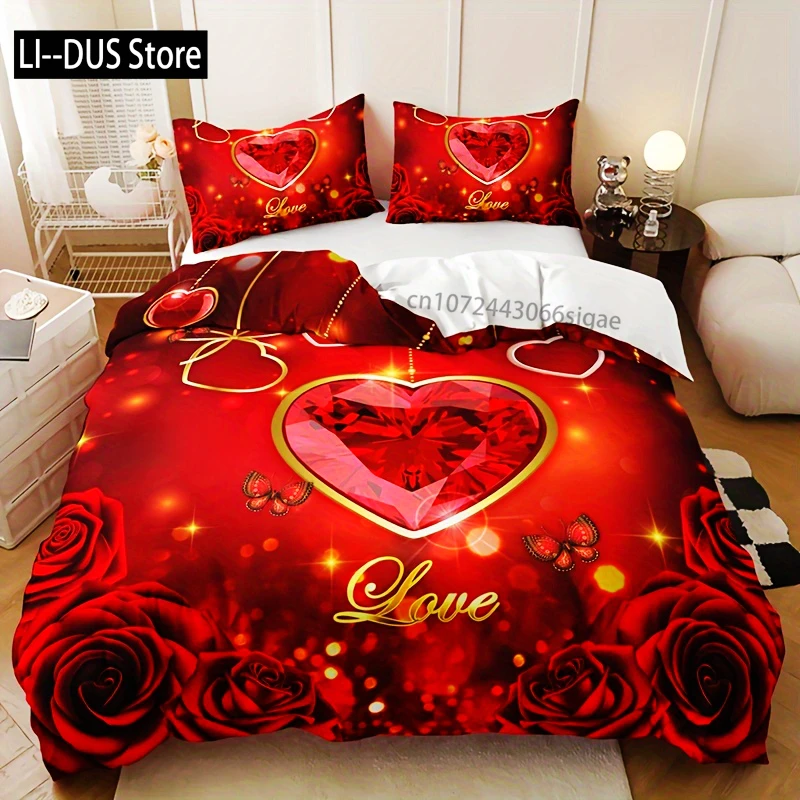 

3pcs Bedding Set Queen Size Romantic Red Heart Rose Floral Butterfly Letter Duvet Cover Set Breathable Polyester For Bedroom