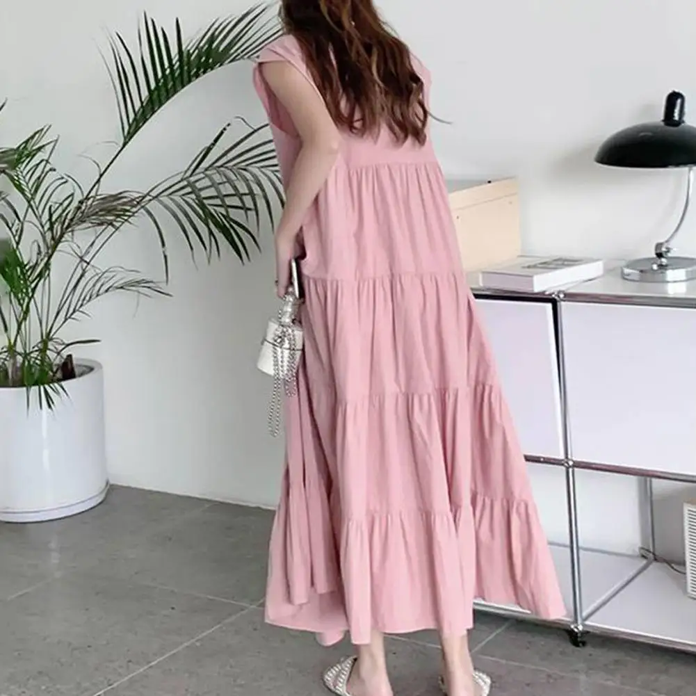 Sommer Chiffon Kleid für Frauen locker o Hals plissiert A-Linie großen Saum Kleid einfarbig ärmelloses mittel waden langes Dating-Kleid