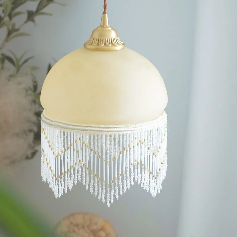 French Retro Glass Jellyfish Tassel Chandelier Medieval Vintage Bedside Balcony Bay Window Antique Western Copper Hanging Lamp