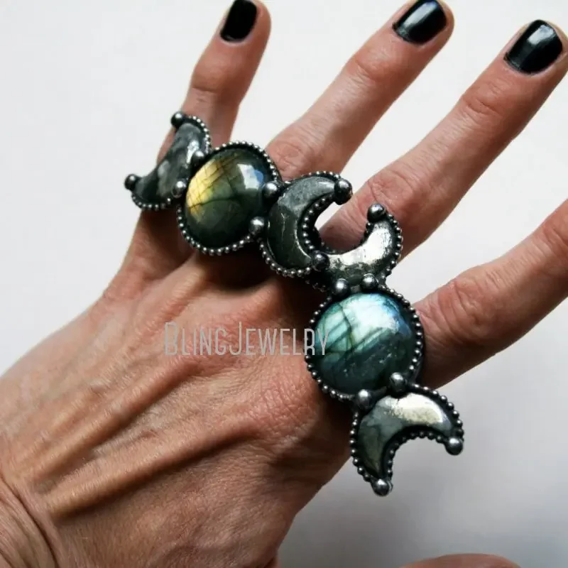 10 pezzi Labradorite pirite Crescent Moon Statement Ring Halloween Goth Gothic Retro Stainless Steel Boho Women Jewelry Cool Stuff