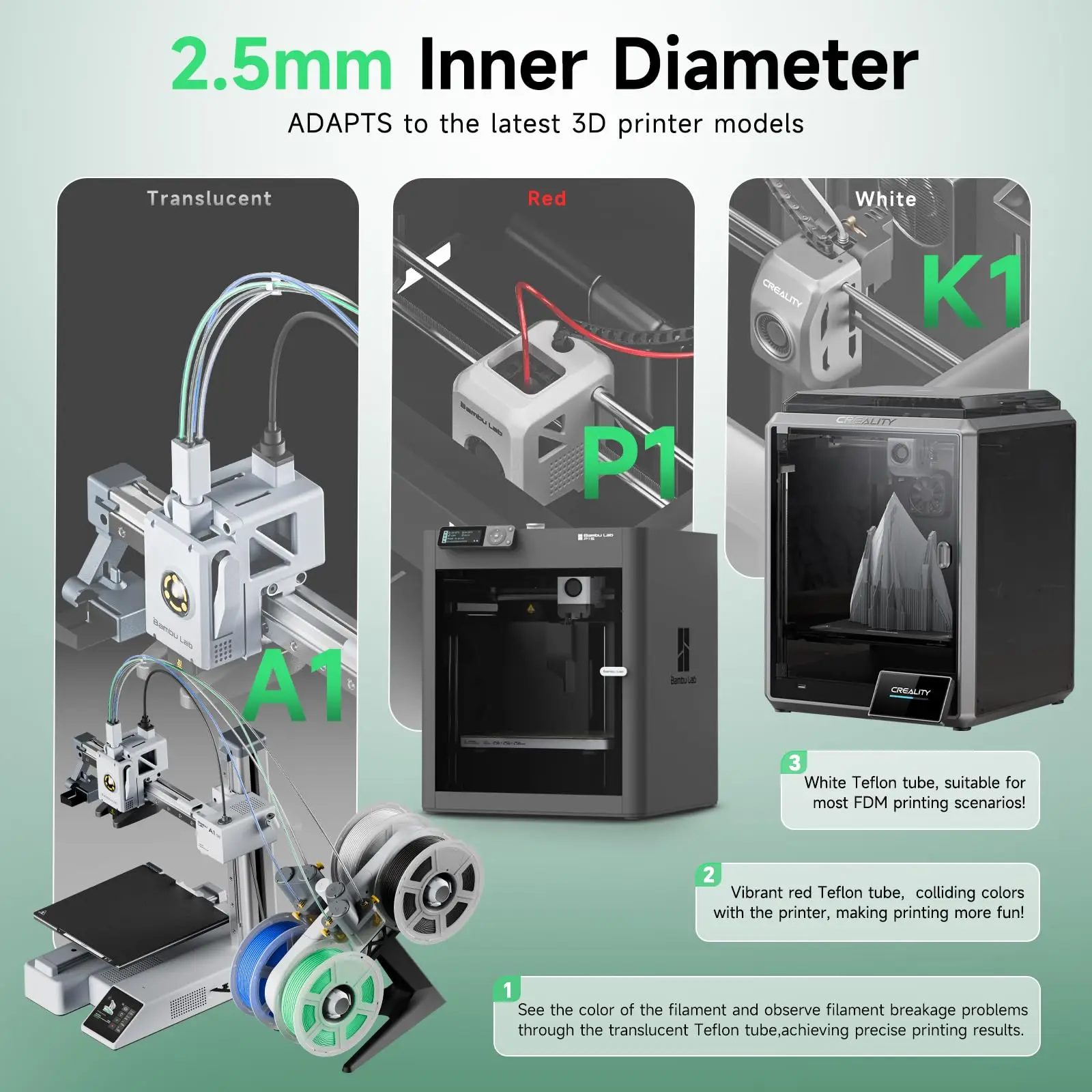 Ultra-alise o tubo 1.2m de PTFE 2.5mm ID× 4mm OD baixo tubo de fricção PTFE para a extrusora 3D da movimentação direta do laboratório A1 do Bambu