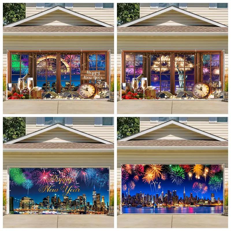 Happy New Year 2025 Garage Door Backdrop Fireworks Neon City Night Scene New Year Eve Countdown Garage Door Outdoor Decor Banner