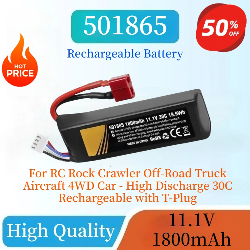 

11.1V 1800mAh Li-Po Battery for RC Rock Crawler Off-Road Truck Aircraft 4WD Car - High Discharge 30C Rechargeable with T-Plug