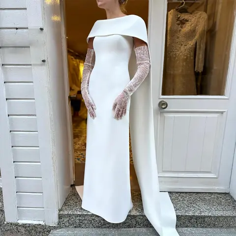 2024 Elegant Wedding Party Dress for Bride O Neck Cape Drape Column Formal Gowns White Sleeveless Women's Evening Dresses Long