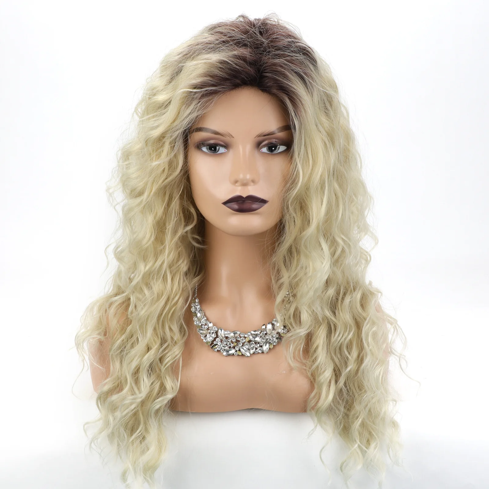 

European and American long curly hair, blond gradual change color chemical fiber wig headgear, women's wig