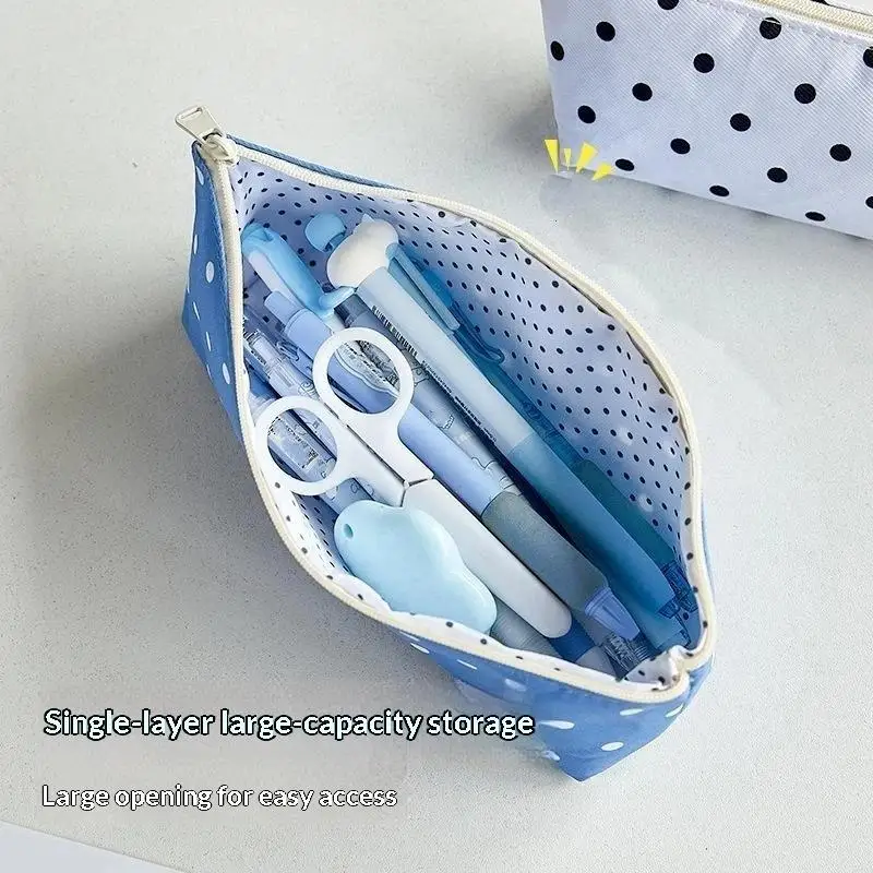 Portable Polka Dot Design Pencil Case Zipper Closure Large Capacity Student Stationery Bag Organizers