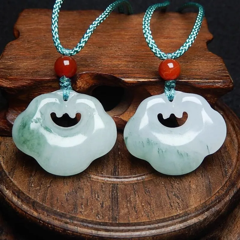 Natural Peach Light Green Jade Hand-carved Peace Lock Pendant Fashion Boutique Jewelry Men and Women Agate Necklace Gift