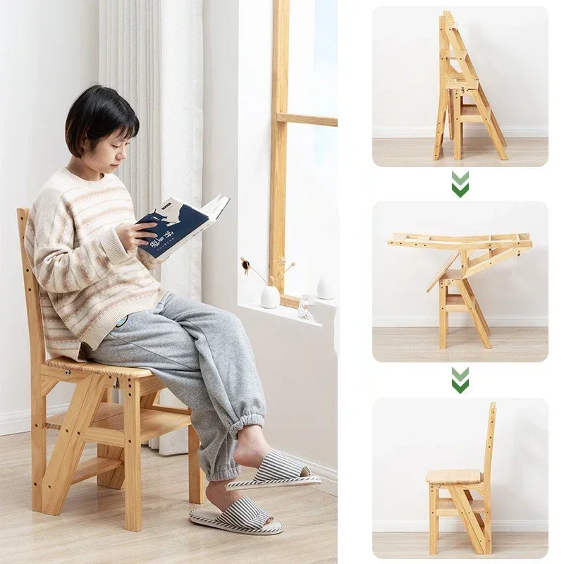Solid Wooden Ladder Household Chair Foldable Ladder Chair Multi-functional Ladder Stool For Indoor Climbing Stairs