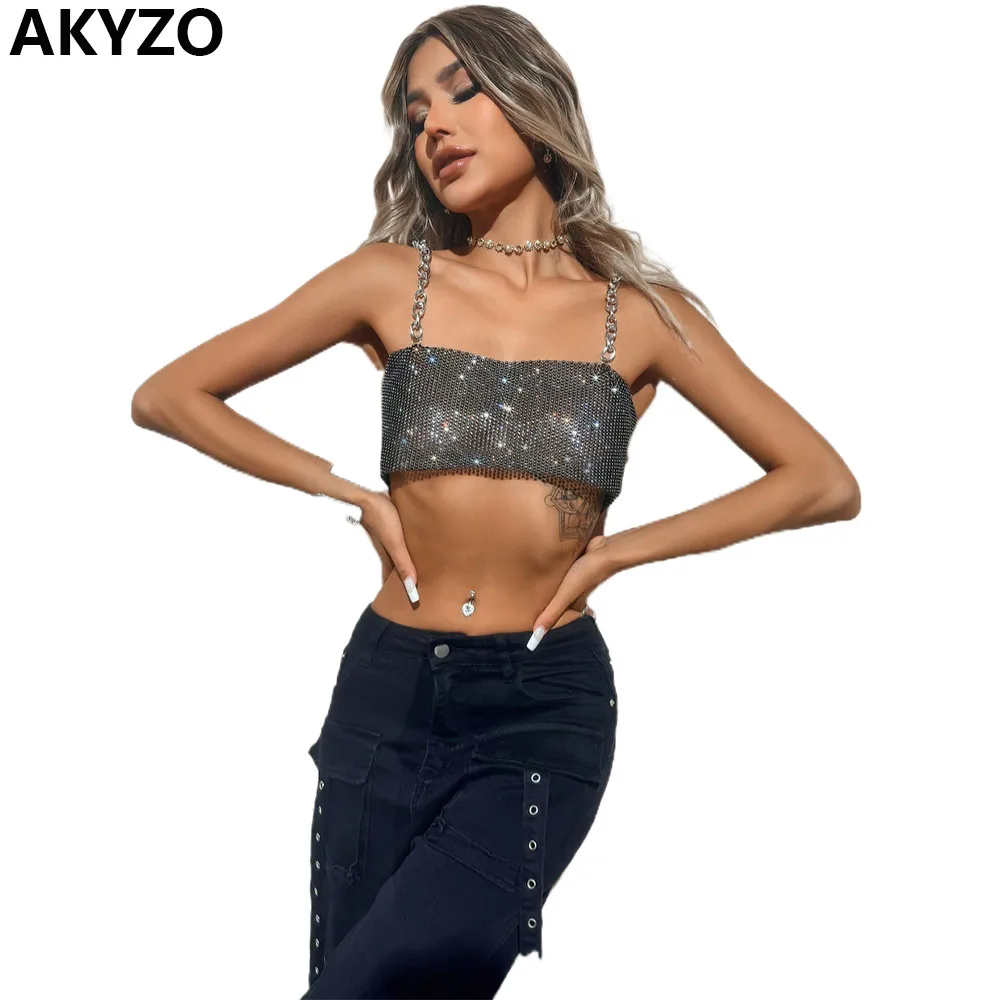 

AKYZO Sexy Mesh Rhinestone Chain Top Chain Shoulder Strap Sling Women Crop Top Shiny Rhinestone Fishnet Nightclub Party Camisole