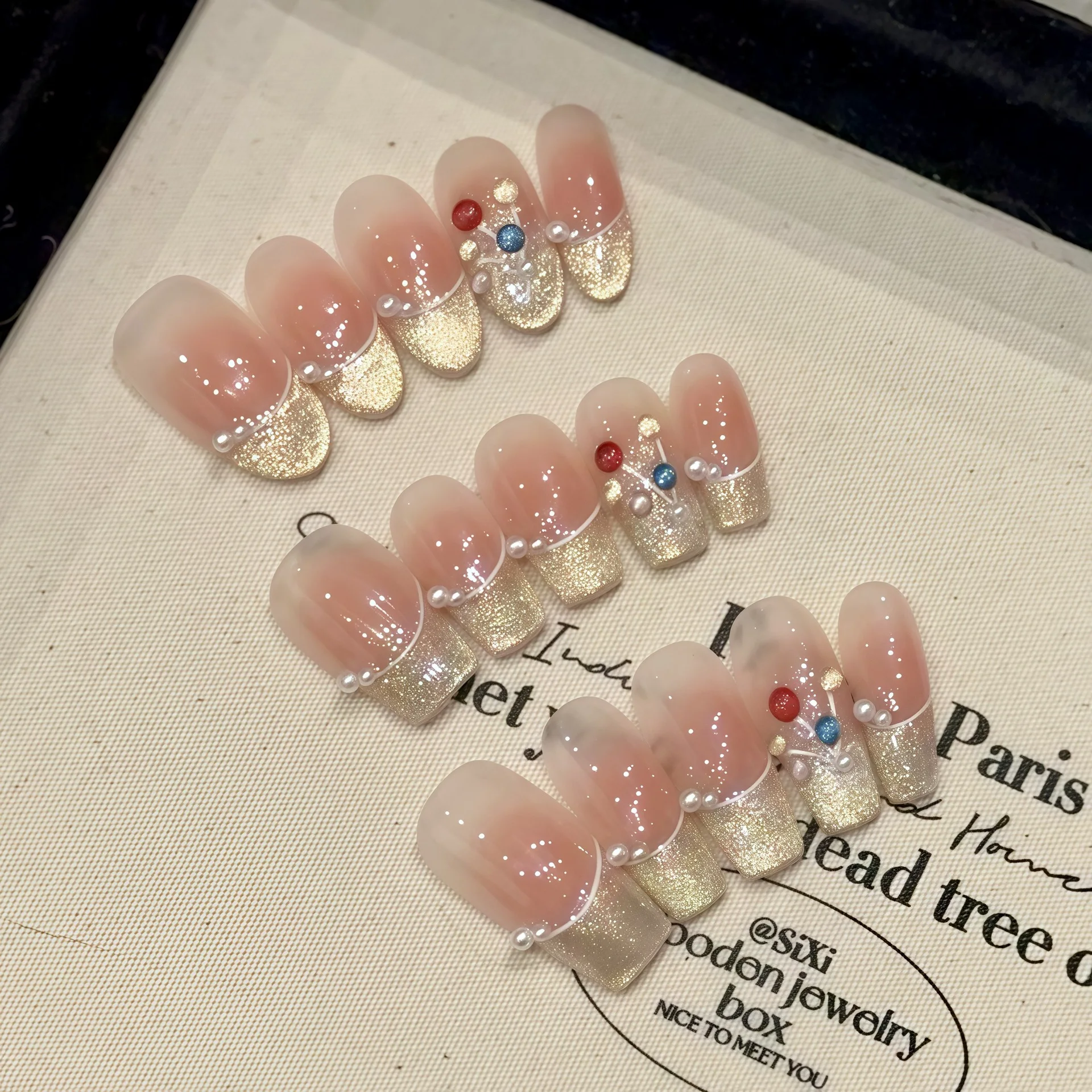 

10pcs Handmade Press on Nails Colorful Balloons Champagne Cat's Eye Pearls False Nail for Women&Girl Detachable Wearable Nail