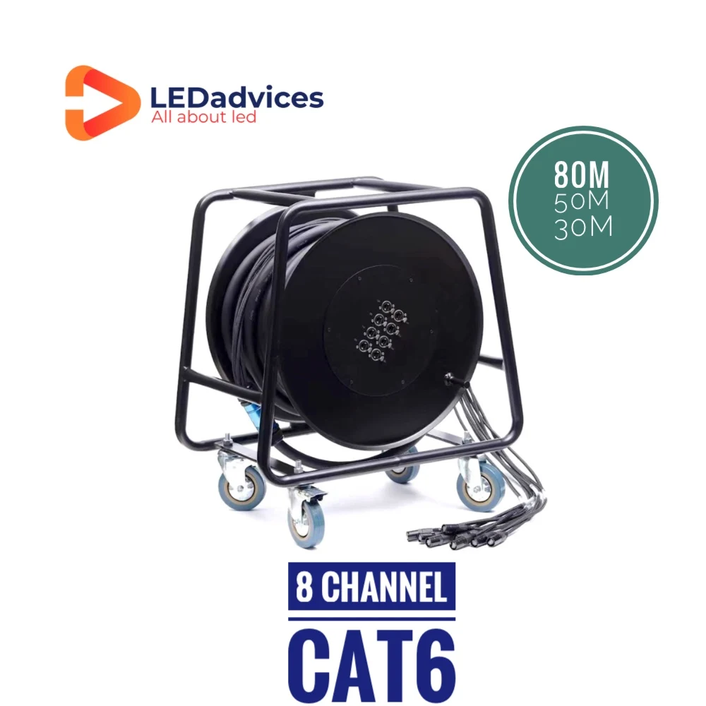 Câble multi-canaux CAT6 avec bobine pour événements AV, 8 canaux, 80m, double bouclier SFTP, cuivre pur multibrin, RJ45 Gigabit