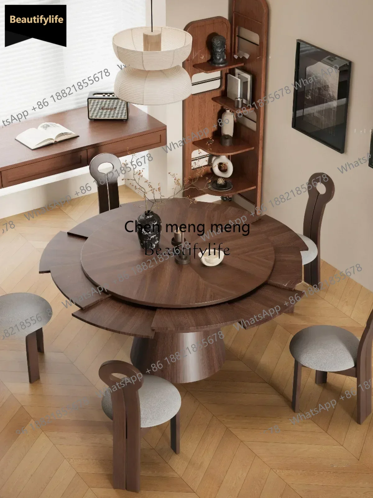 

Deformation round Table Antique Style Solid Wood Rotating Retractable Dining Table French Retro Folding c139