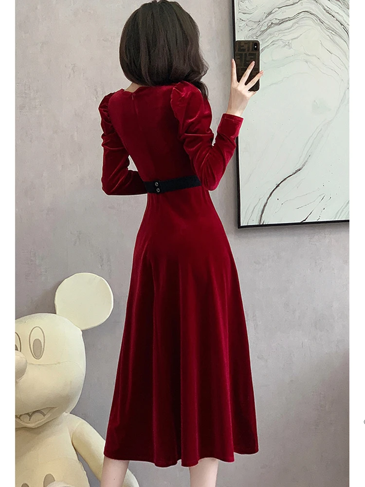 Female Velvet Chic Diamonds Bandage Long Dress Autumn Winter Elegant Luxury Evening Dress 2024 Korean Vintage Bodycon Prom Dress