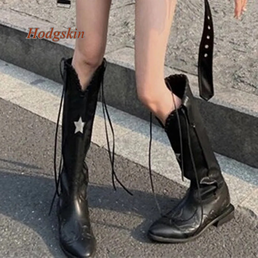 

Fringe Slip On Chunky Heel Patchwork Boots Pointed Toe Black Pumps Embroidered 2025 Newest Fashion Casual Knee High Autumn Boots