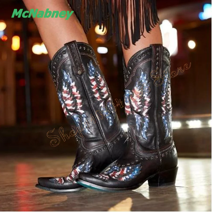 Vintage Leather Rider Boots,Pointed Toe Chunky Mid Calf Boots American Flag Women's Boots Plus Size 2024 New Zapatos Para Mujere