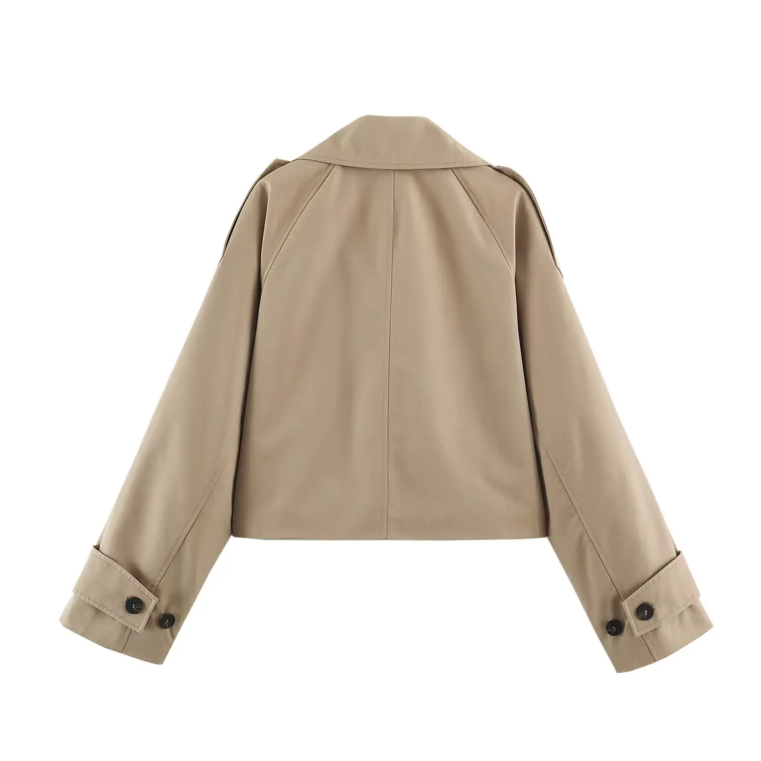 BSAY 2026 New Women Cropped Trench Jacket Lapel Collar Double Breasted Loose Oversized Long Sleeve Flap Pockets Short Outerwear