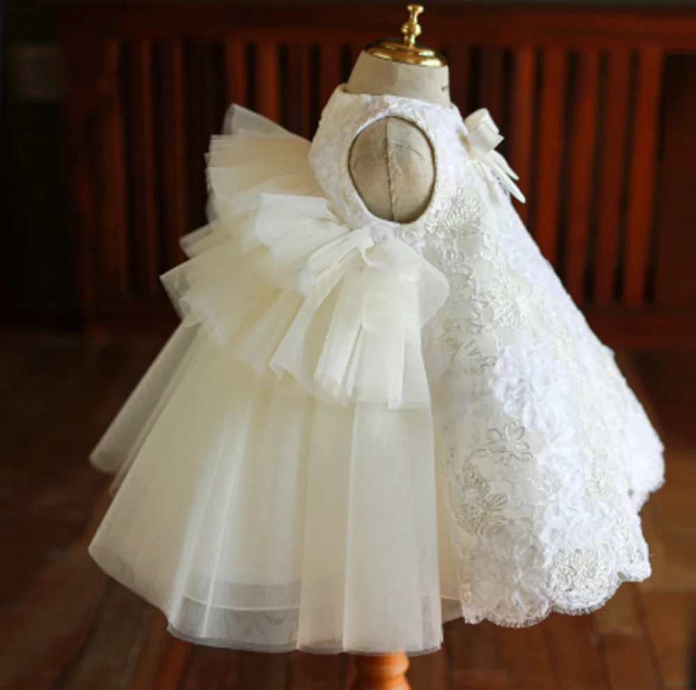 1st Birthday Baby Girl Dress White Lace Princess Wedding Party Dresses For Girl Tulle Flower Baby Baptism Christening Ball Gowns