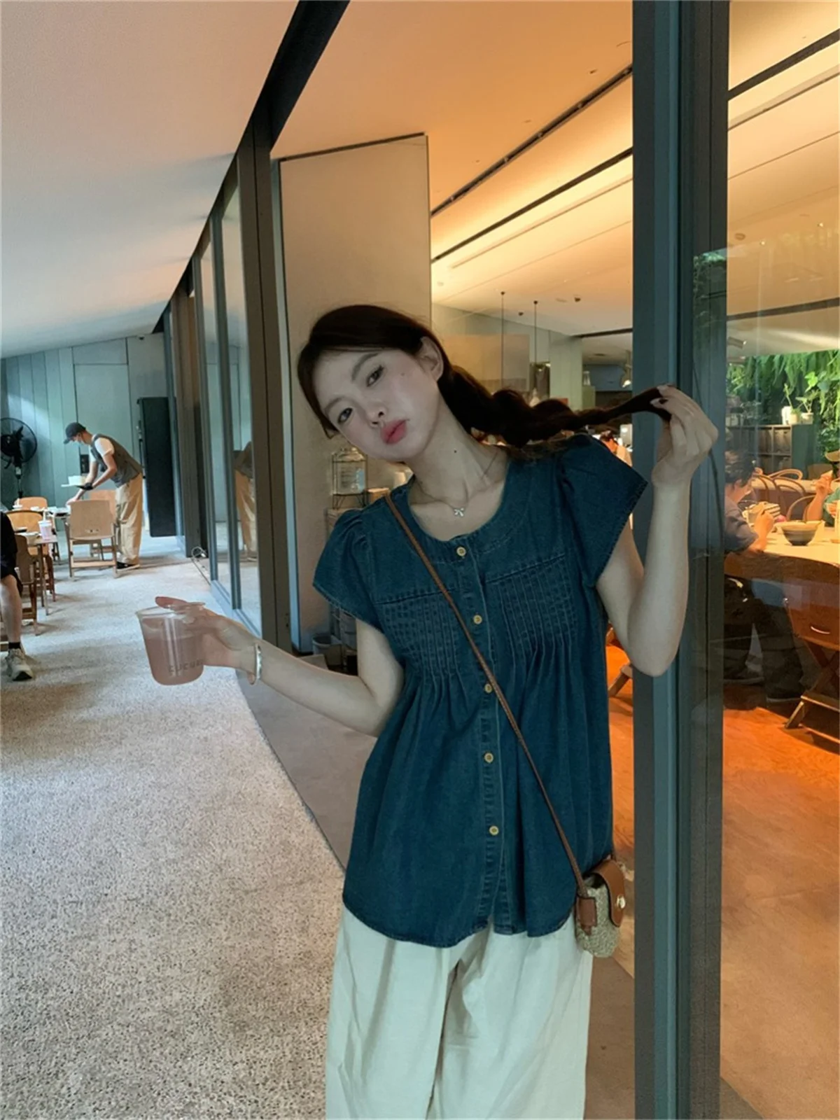 Vintage Denim Shirt Top Pleated Single Breasted O Neck 2024 Pleat Short Sleeve Shirts Casual Summer Loose Women Solid Chic Tops