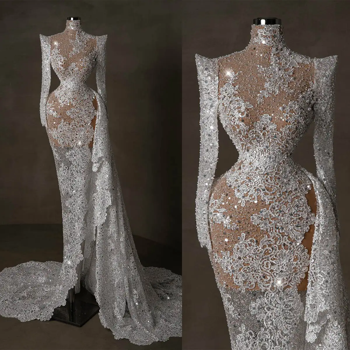

Sparkly Beaded Mermaid Wedding Dress Luxury Applique Sequins High Neck Bride Gown Split Sweep Train Lace Bridal Dresses Vestido
