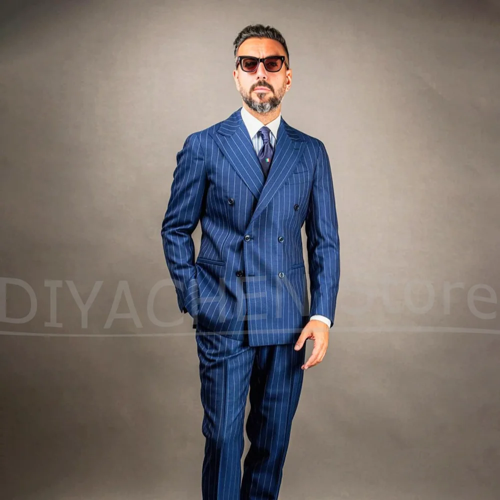 

Elegant Men Blue Pinstripe Suit Set Double Breasted Peak Lapel Jacket And Trousers For Business Casual Formal Events Outfit