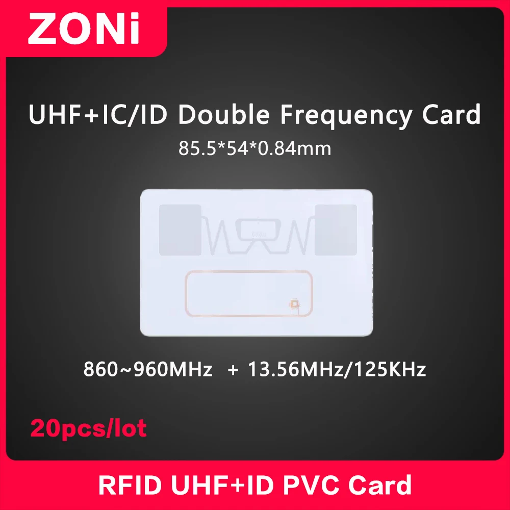 

RFID UHF+IC/ID Double frequency tag 18000-6C 860-960MHz+13.56MHz/125KHz T5577 PVC card NXP U8 chip Electronic label 20PCS