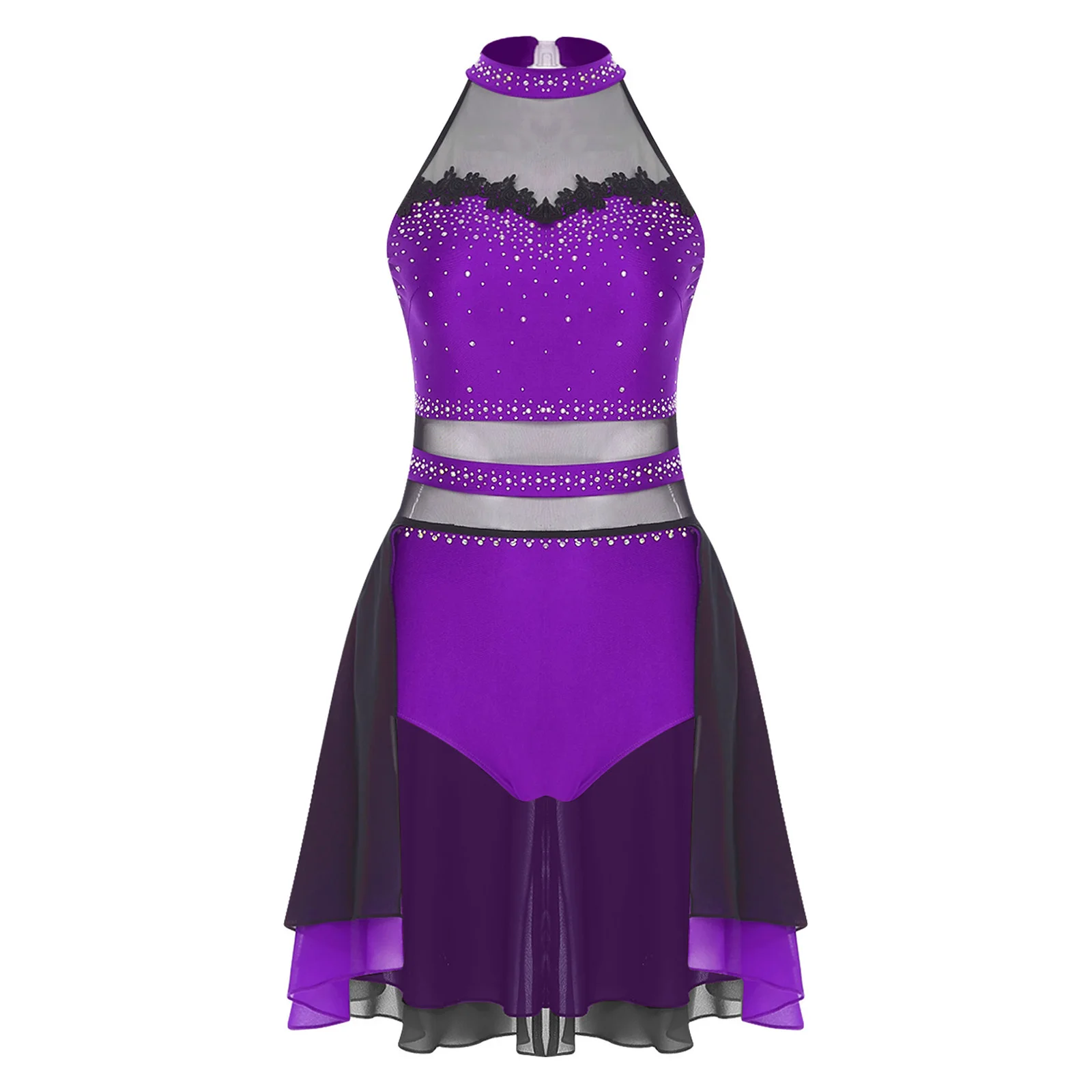 Mulheres ginástica artística ballet jérsei collant figura patinação no gelo vestidos traje brilhante strass malha contornado bodysuit