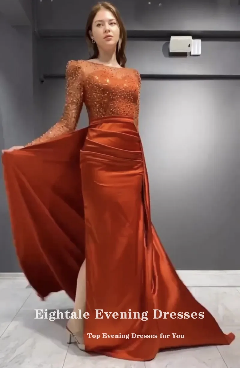 Eightale Sparkly Evening Dresses Orange Red Shiny Luxury Long Sleeves Satin Mermaid Party Prom Gown robe de soirée