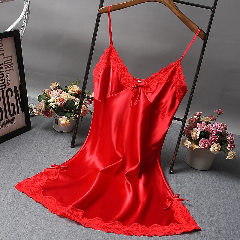 Women Bowknot Lace Sexy Silk Sleepwear Dress Lace Suspender Nightdress Silk Satin Nightdress Loungewear Side Bow