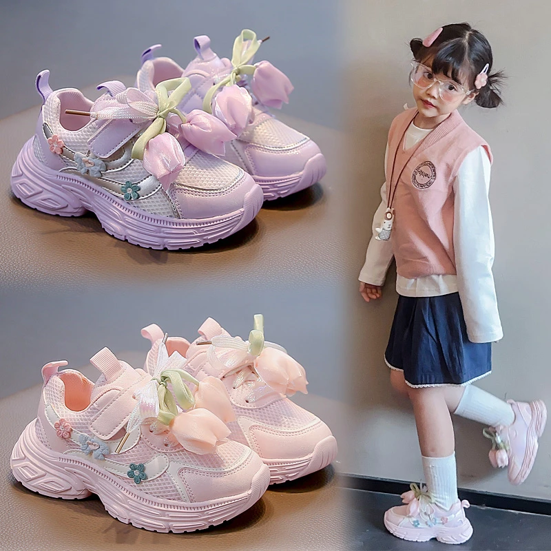 

Кроссовки для девочек, детская повседневная обувь принцессы на мягкой подошве с милым цветком, осень 2023, новая детская спортивная обувь, нескользящая