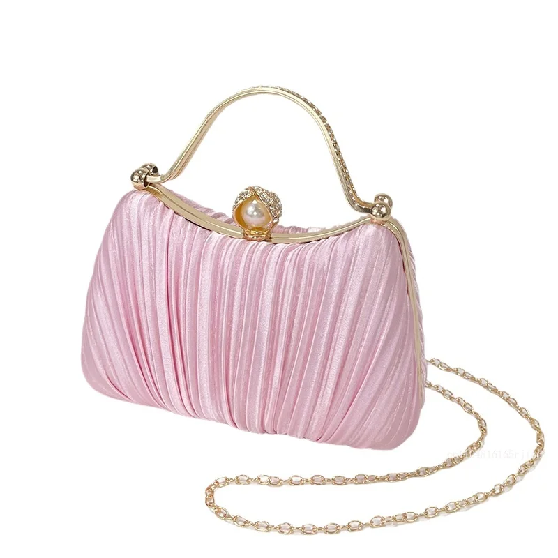 New Imitation Silk Dinner Bag Senior Celebrity Clutch Bag Temperament Dress Banquet Pleated Diamond-encrusted Women's Handbag