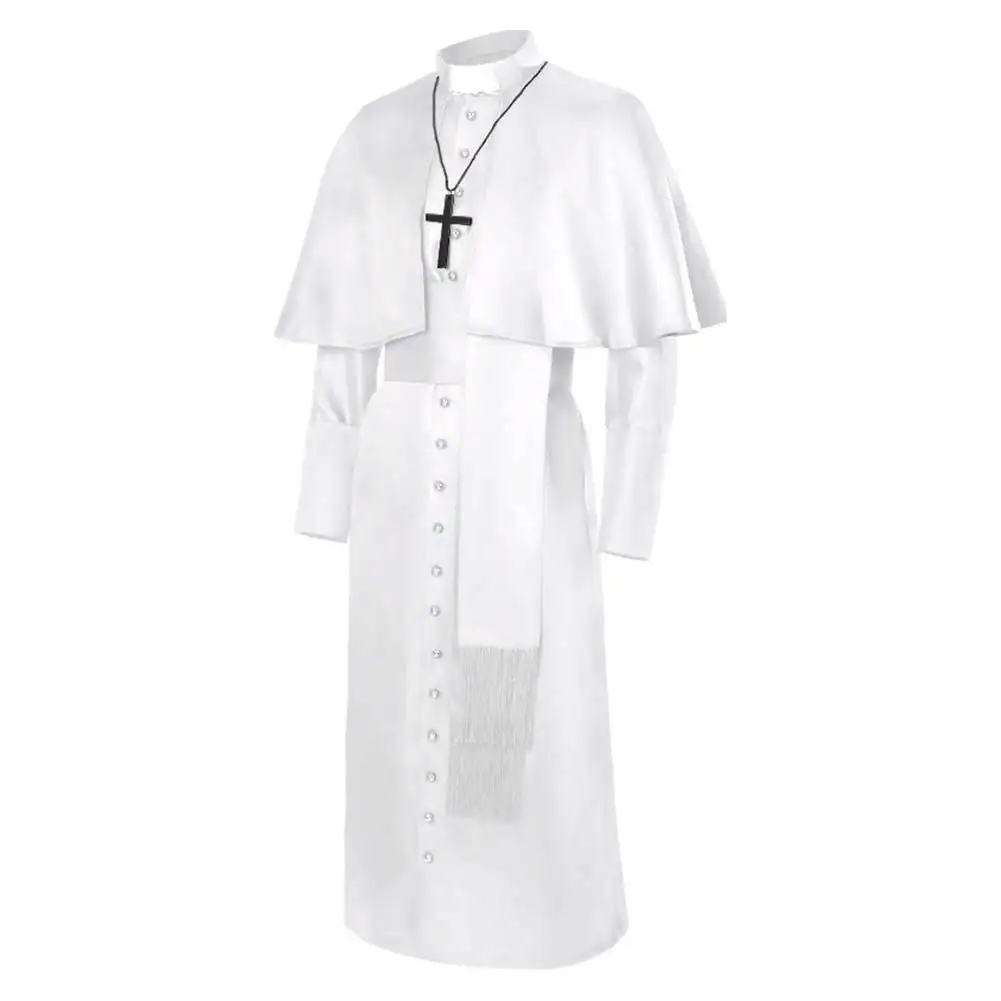 Disfraz de sacerdote para adultos, traje de fiesta de carnaval, capa blanca, Neclace negro, Pastor Medieval, Halloween, renacentista