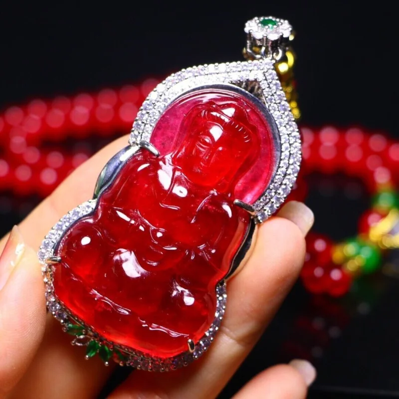 Certified Natural Perfect High Ice Red Jade Jadeite GuanYin Pendant&Necklace