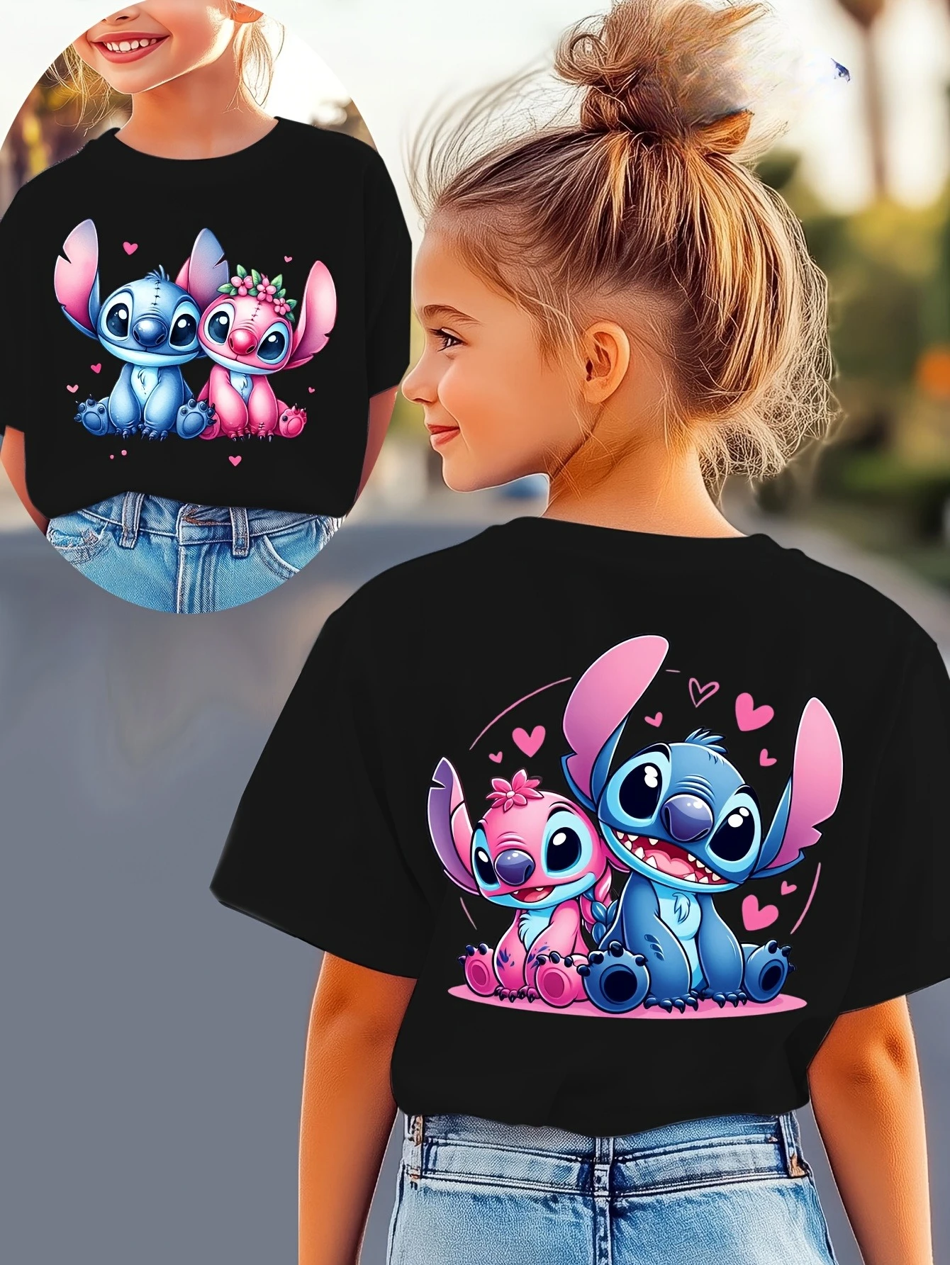 الفتيات أزياء غرزة طباعة تي شيرت شخصية الكرتون على الوجهين عارضة طاقم الرقبة الشارع الشهير متعة غرزة الاطفال الملابس القطنية