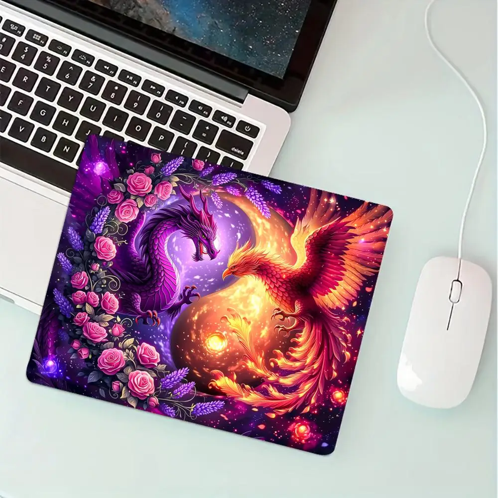Purple Dragon and Fire Phoenix Small Mouse Pad Desk Mat Gaming mats with Stitched Edge Non-Slip Laptop accessories Office mat