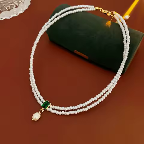 Rhinestone Emerald Square Double-deck Pearl Fringe Necklaces for Women French Luxury Temperament Fashion Collars Wholesale New